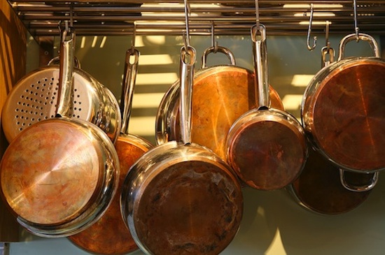 copper pots and pot rack