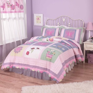 lilac, pink, green, flowers and ladybug bedding